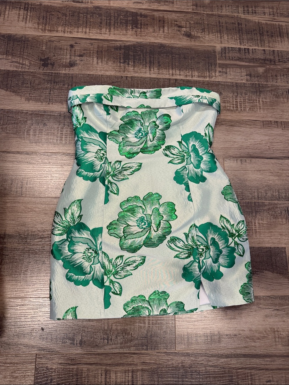 Strapless Floral Prom Dress in Green and White